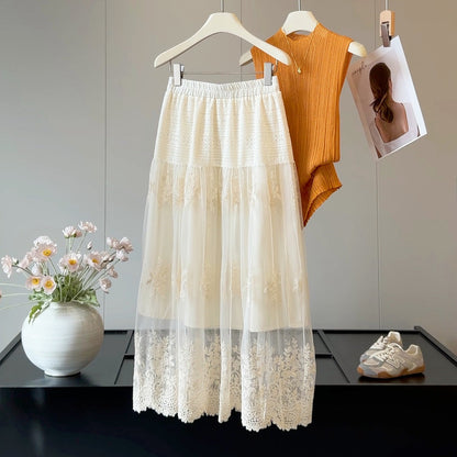 French Hollow Out Cutout Chain Link Fence Yarn Women Summer Elastic High Waist Slimming A line Drape Large Swing Skirt