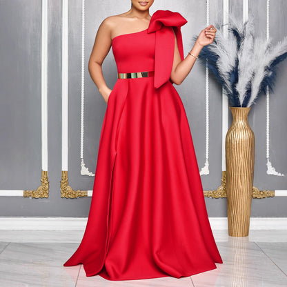Summer Graceful Fashionable Oblique Shoulder Bow Cocktail Formal Maxi Dress
