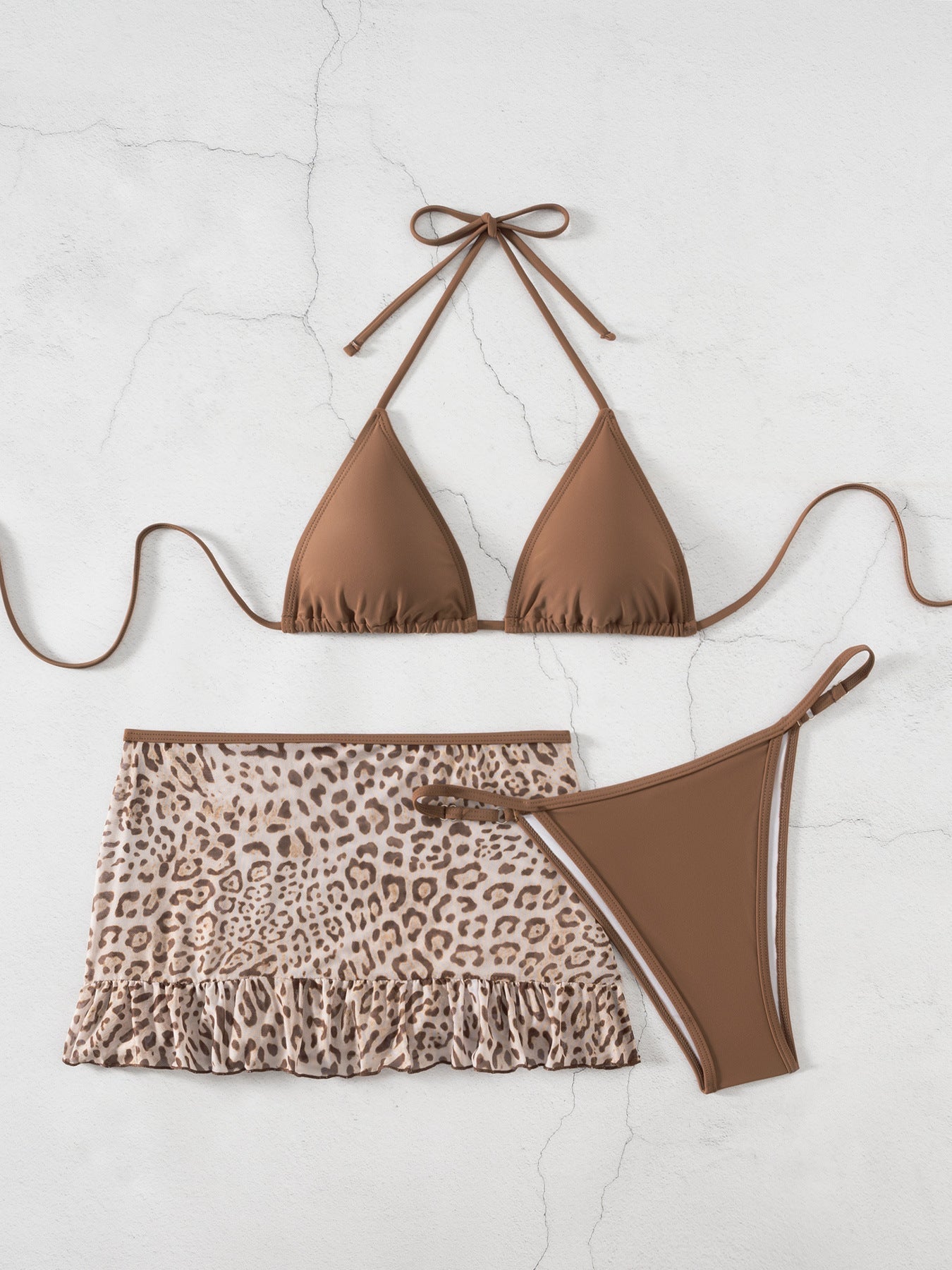 Red Wind Sexy Leopard Print Swimsuit Women Small Chest Banded Bikini Split Three Piece Set Vacation Swimwear