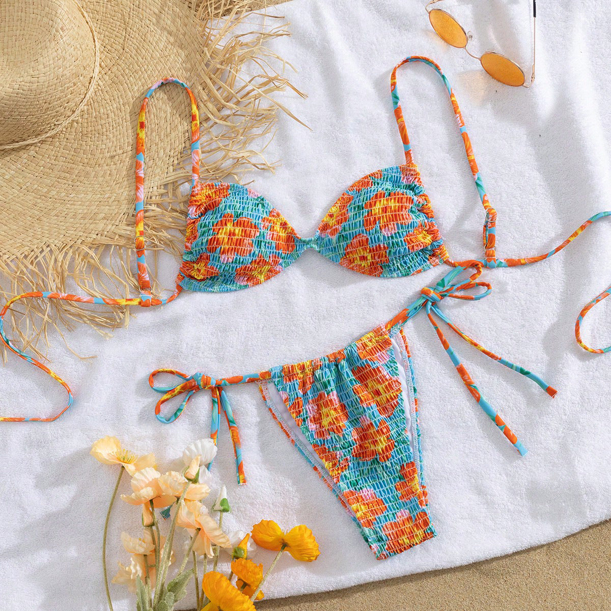 Swimwear Smocking Sexy Bikini Printed Backless Bikini Swimsuit