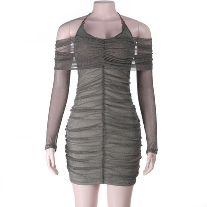 Autumn Winter Evening Dress Sexy Tube Top Halter Mesh Thin Glittering Hip Dress