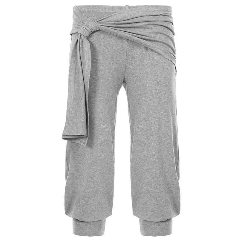 Casual Sports Solid Color Waist Lace up Stitching Low Waist Mid Length Pants Women Loose Summer Ankle Banded Pants