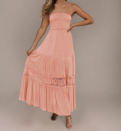 Solid Color Tube Top Hem Long Sleeveless Retro Bohemian Waist Tight Dress