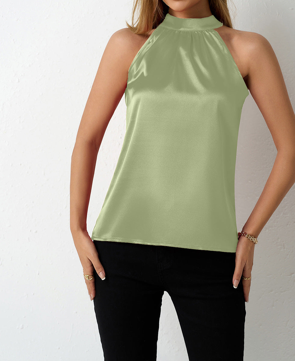 Women' Summer Satin Vest Women off Shoulder Halter Satin Top