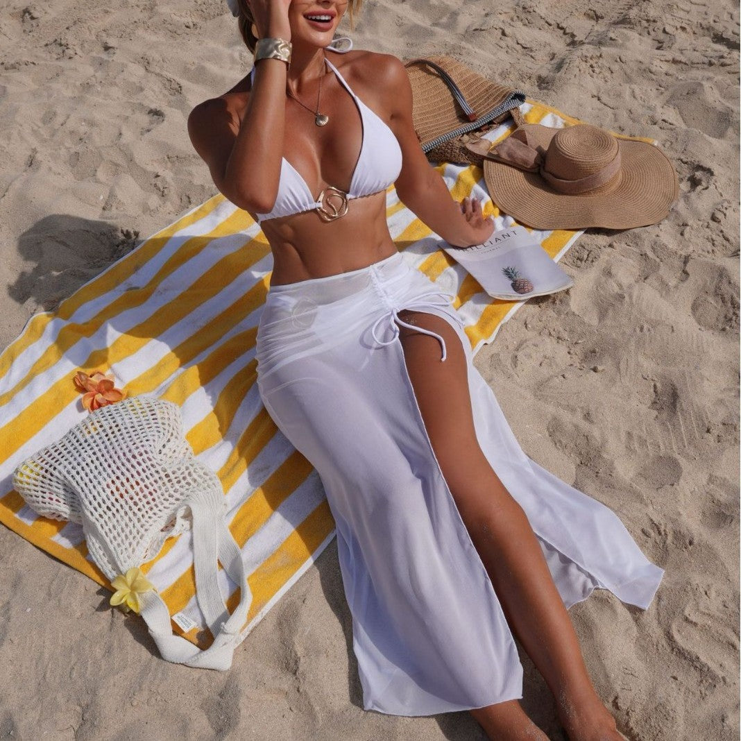 Solid Color Beach Sun Protection Tulle Skirt Sexy Three Piece Set Bikini Split Swimsuit