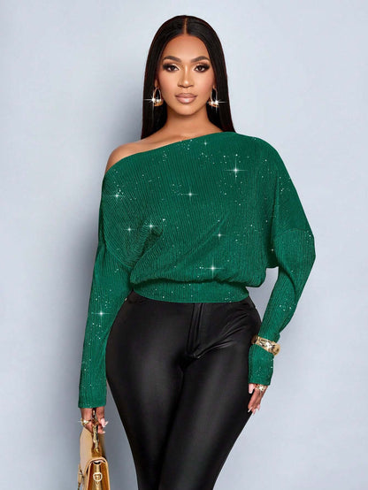 Sloping Shoulder off the Shoulder Sequ Loose Fitting Batwing Sleeve Waist Tight Sweater