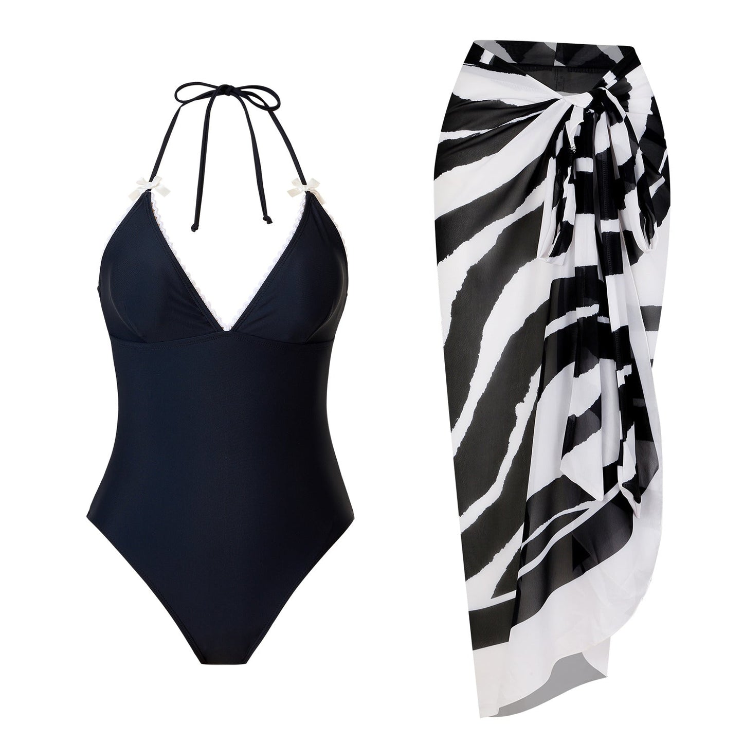 One Piece Swimsuit Women Black White Sexy Two Piece Sets Swimsuit Chiffon Dress
