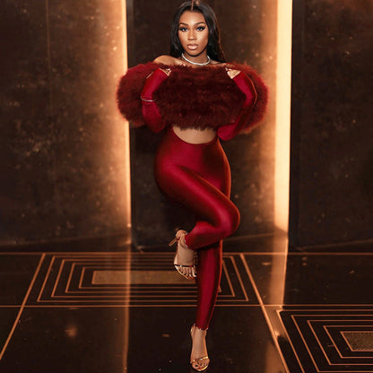 Autumn Winter Women off Shoulder Furry Stitching Sexy Cropped Long Sleeve Jumpsuit Women