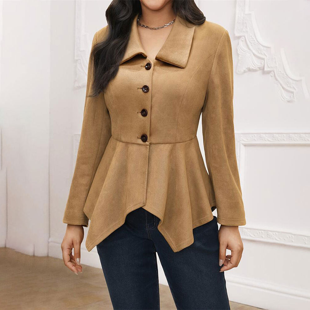 Elegant Office Collared Irregular Asymmetric Open Placket Suede Loose Long Sleeve Jacket Women Suede Trench Coat