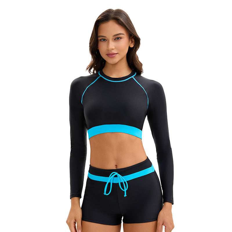 Long Sleeve Women Sports Split Swimsuit Conservative Color Matching Boxer Sun Protection Swimming Set
