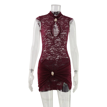 Sexy Women Clothing Mandarin Collar Chest Cutout Lace Stitching Pinch Pleated Tight Waist Sheath Dress Women
