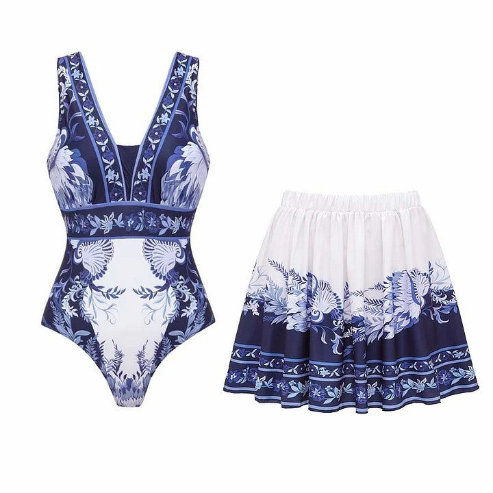 Sexy V neck Printed Swimsuit Women's Vacation Beach Two Piece Sets