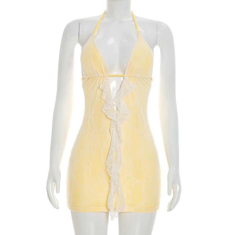 Women Clothing Summer Solid Color Sexy Hollow Out Cutout Out Backless Sleeveless Lace Mini Short Dress