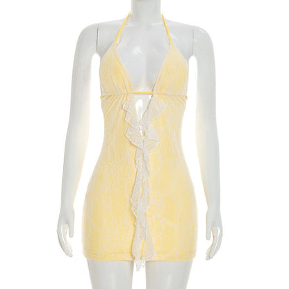 Women Clothing Summer Solid Color Sexy Hollow Out Cutout Out Backless Sleeveless Lace Mini Short Dress