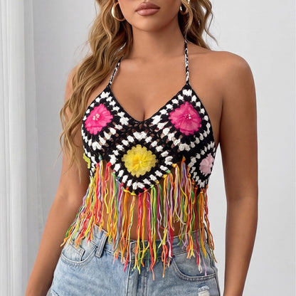 Women Clothing Random Mixed Color Stitching Tassel Pure Hand Crocheting Bandage Beach Bikini Top