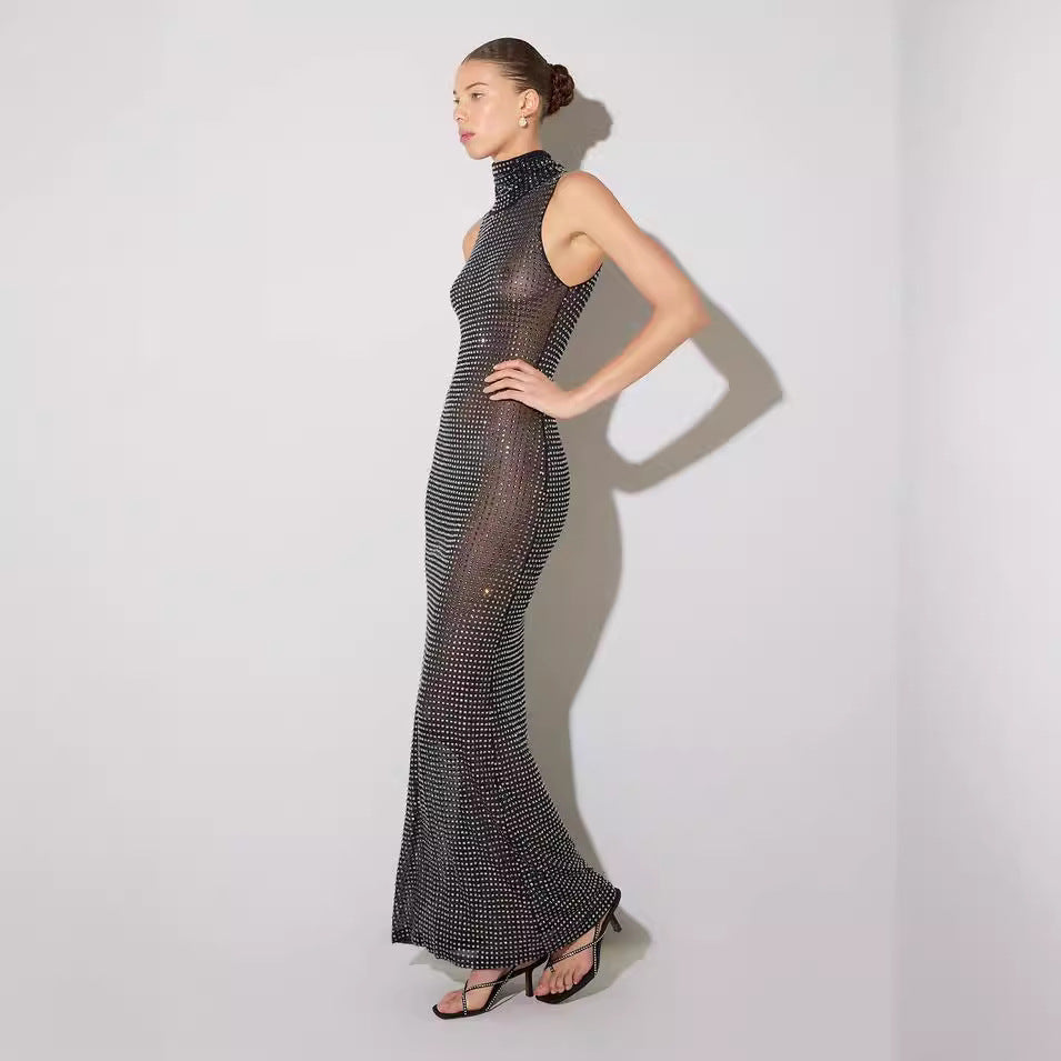 Summer Sexy Sheer Cutout Maxi Dress Mesh Rhinestone Sleeveless Maxi Dress Women