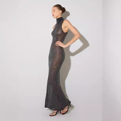 Summer Sexy Sheer Cutout Maxi Dress Mesh Rhinestone Sleeveless Maxi Dress Women