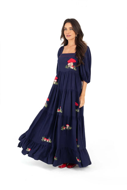 Autumn Puff Sleeve Embroidered Square Collar Swing Maxi Dress Beach Holiday Dress Women
