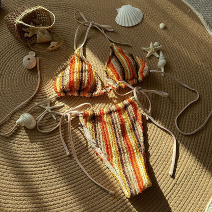 Contrasting Color Jacquard Sexy Drawstring Tied Swimsuit Bikini