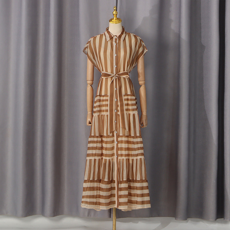 Vintage Vertical Striped Shirt Dress Polo Collar Single Breasted Lace up Waist Dress