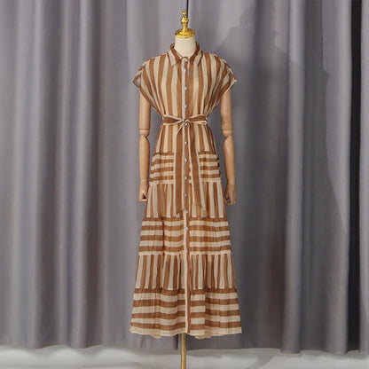 Vintage Vertical Striped Shirt Dress Polo Collar Single Breasted Lace up Waist Dress