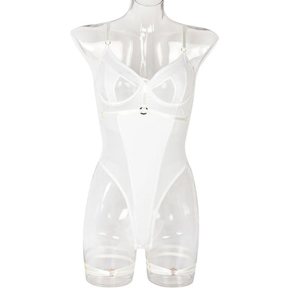 Sexy Jumpsuit Summer Girl Mesh Ornament Stitching Strap Showing Leg Ring Underwear