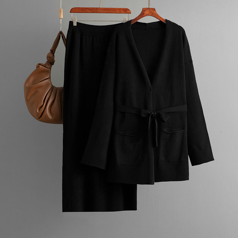 Women Autumn Winter V neck Loose Knitted Lace up Cardigan Skirt Two Piece Set