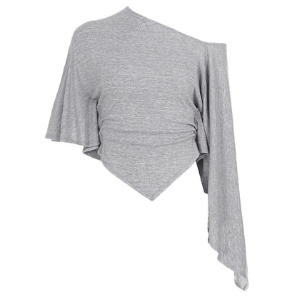 Retro Street Casual Irregular Asymmetric off Shoulder Long Sleeve T shirt Women Simple All Matching Oblique Shoulder Tops Summer