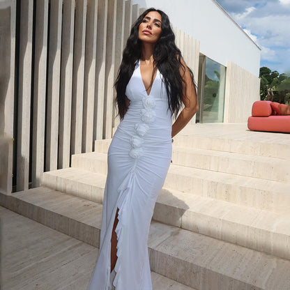 Sexy Women Dress Halter Deep V Plunge neck Backless Maxi Dress Floral Slit Slim Fitting Spring Dress