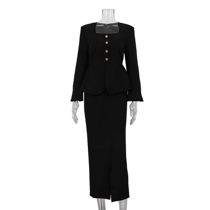 Women Square Collar Long Sleeve Cardigan Top Package Hip Skirt Two Piece Set