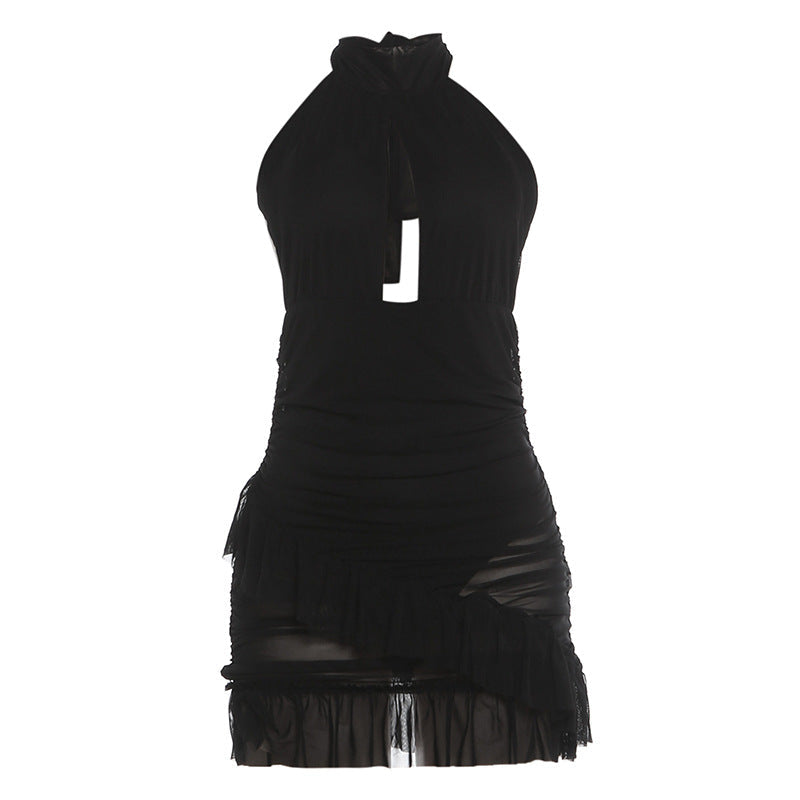 Summer Women Clothing Halter Backless Sexy Cutout See through Ruffled Sexy Sheath Dress