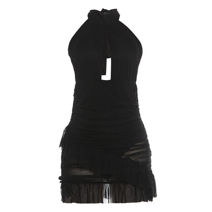 Summer Women Clothing Halter Backless Sexy Cutout See through Ruffled Sexy Sheath Dress