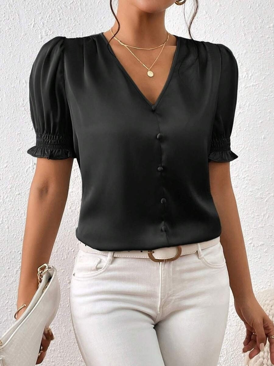 Satin V neck Buttons Shirt Spring Autumn French Casual Short Sleeve Ruffle Blouse
