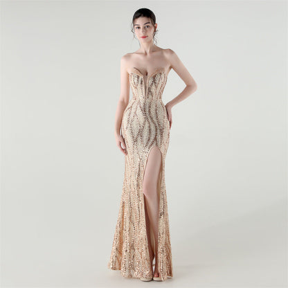 Boning Corset Waist Tight Heavy Industry Beads Heart Shaped Collar Sequined Evening Dress Luxury Cocktail Evening Dress