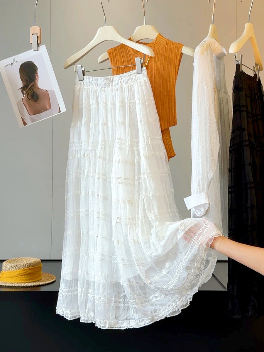 French Wooden Ear Embroidery Mesh Women Summer Elegant Slimming A line Mid Length Tiered Skirt