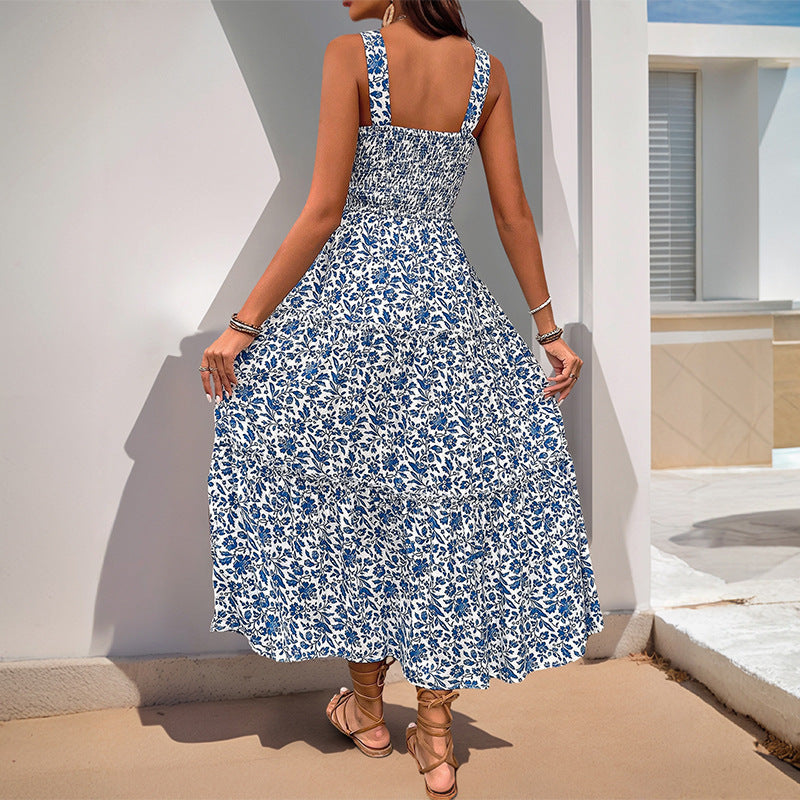 Summer Printed Suspender Sweet Floral Backless Dress