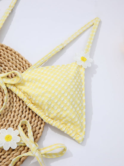 Fresh Yellow Plaid Daisy Split Bikini Swimsuit