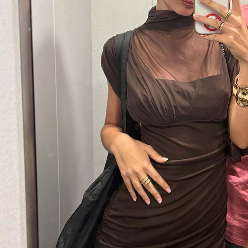 Sexy Socialite Tight Waist Close Fitting Stitching Gauzy Package Hip Maxi Dress for Women
