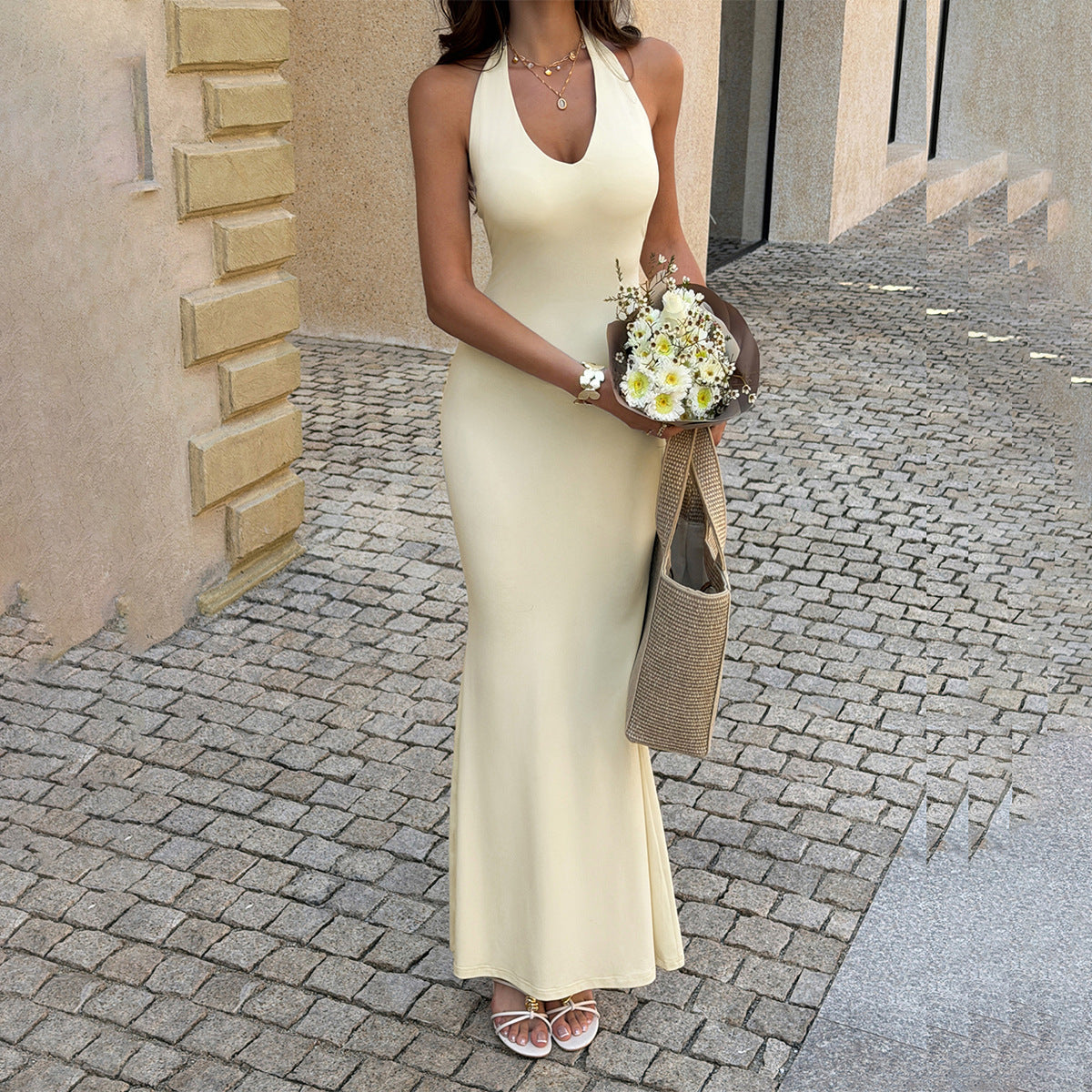 Women Summer Solid Hip Elegant Maxi Dress