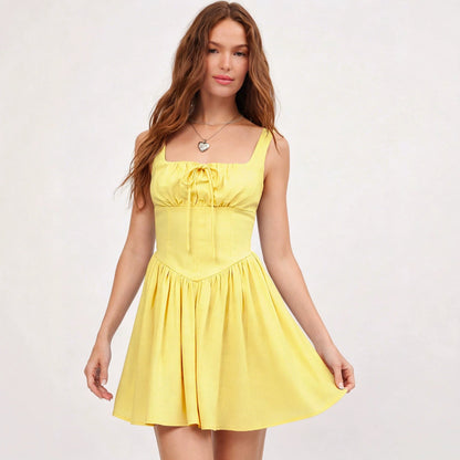 Summer Square Collar Slip Dress Drawstring Lace up Waist Controlled Slimming A line Dress for Women