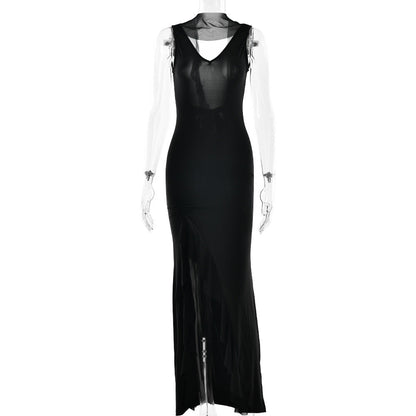 Summer Elegant Ribbon Women Dress Sexy Backless High Slit Ruffled Slim Dress