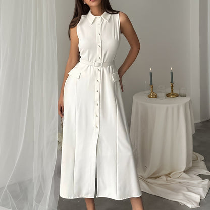Summer Autumn Arrival Solid Color Sleeveless Belt Pearl Buckle Slim Fit Slit Office Dress