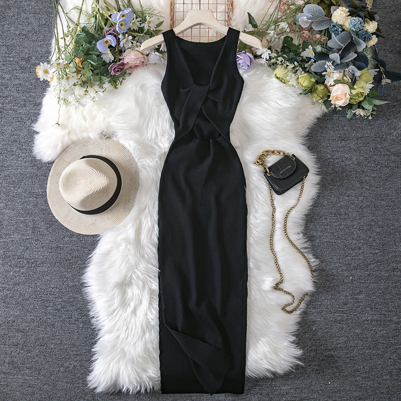 Women Clothing Summer Sexy Kinked Chest Flattering Machine Hollowed Reversible Knitted Dress