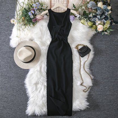 Women Clothing Summer Sexy Kinked Chest Flattering Machine Hollowed Reversible Knitted Dress