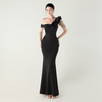 Ruffled One Shoulder Heavy Industry Beads String Slim Fit Satin Fishtail Evening Dress Wedding Red Carpet Cocktail Dress