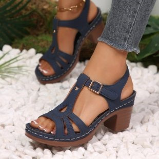 Wedge Open Toe Peep Toe Sandals Women Chunky Heel Buckle Hollow Out Cutout out Beach Slippers
