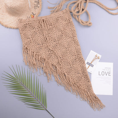 Spring Summer Women Clothing Sexy See-through Hollow Out Cutout Knitted Dress Open Oblique Tassel Beach Skirt