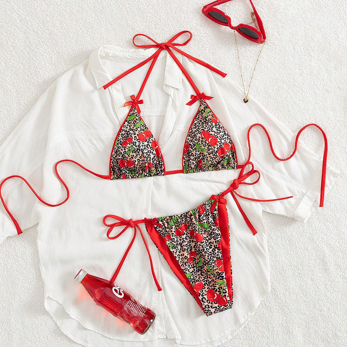 Swimwear Sexy Bikini Halter Lace up Bikini Bow Print Swimsuit