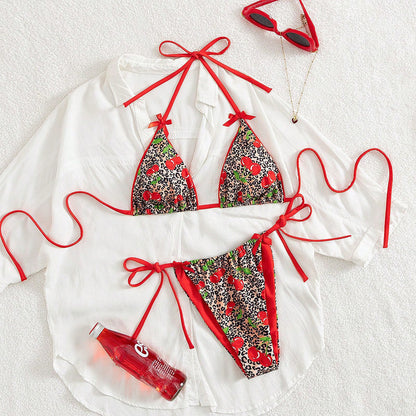 Swimwear Sexy Bikini Halter Lace up Bikini Bow Print Swimsuit