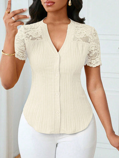 All Match Single Breasted Solid Color Slim Fit Embroidery Hollow Out Cutout Short Sleeve Top